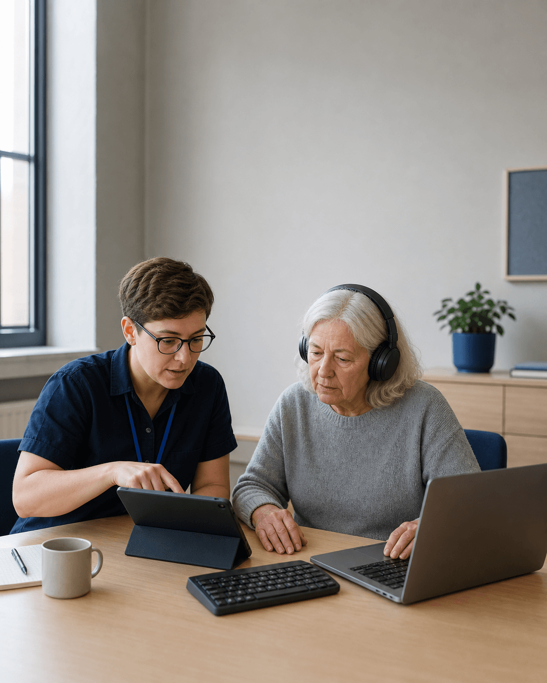 An accessibility specialist and an older participant reviewing a service on a tablet.