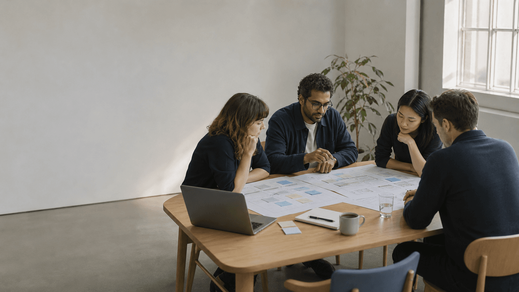 A team reviewing a public-service journey map together at a table.